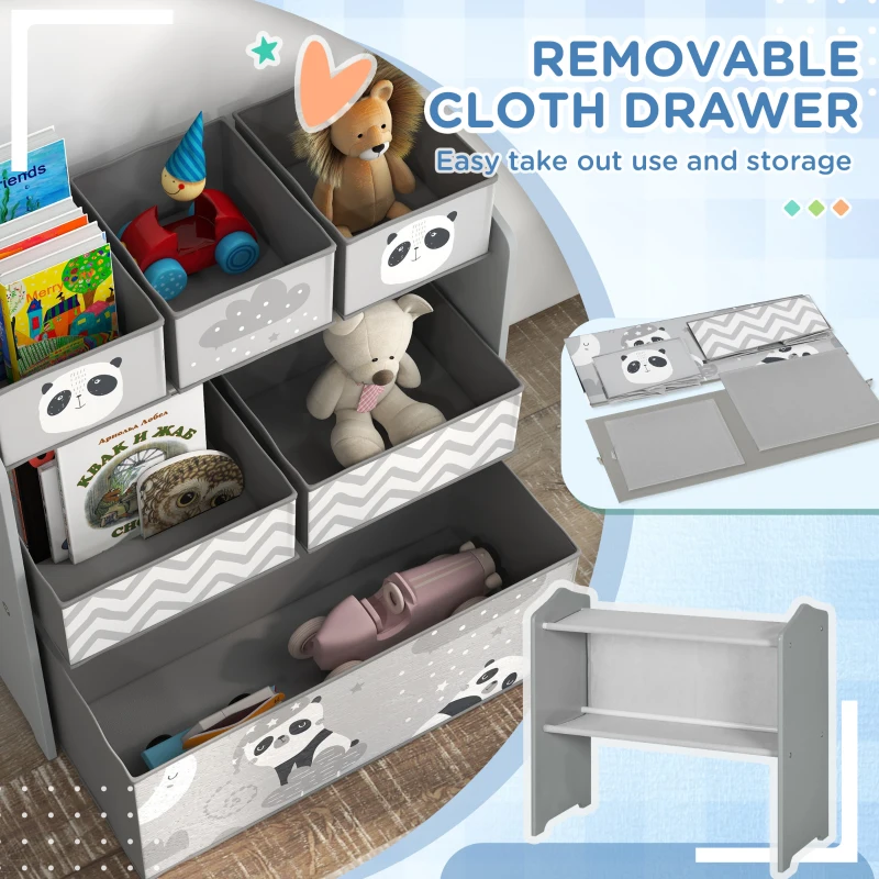 Qaba Toy Storage Organizer with 6 Storage Bins and 3-Tier Bookshelf, Toy Storage Shelf for Bedroom, Animal Design, Gray