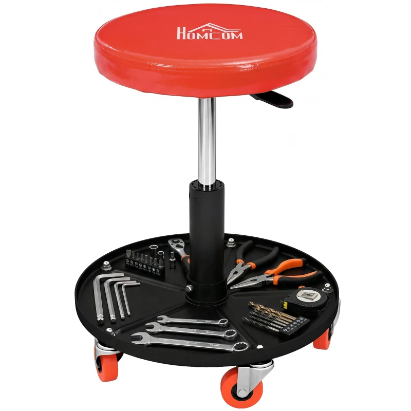 HOMCOM Shop Stool, Pneumatic Adjustable Mechanic Stool, with Tool Tray, Wheels - Orange