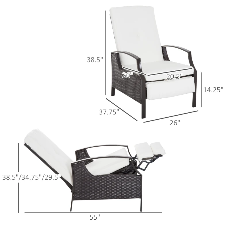 Outsunny Rattan Adjustable Recliner Chair with Hand-Woven All-Weather Wicker for Patio, Outdoor, Garden, Poolside, Brown, White