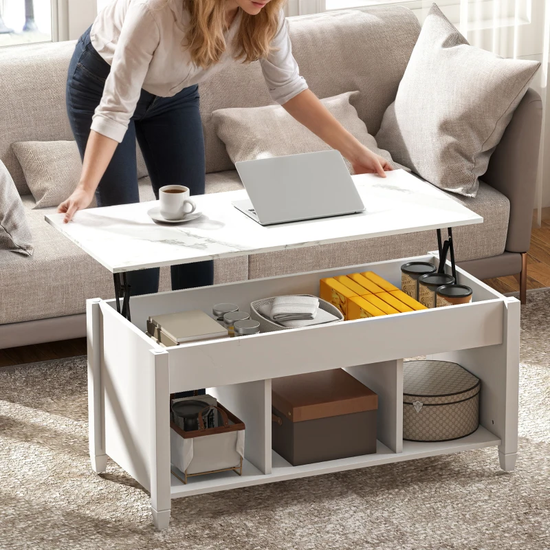 HOMCOM Lift Top Coffee Table, Modern Center Table with Storage Shelves and Hidden Compartment for Living Room, 41" L, White