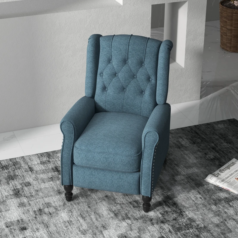 HOMCOM Wingback Reclining Chair with Footrest, Button Tufted Recliner Chair with Rolled Armrests for Living Room, Blue