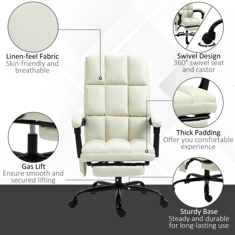 Vinsetto Massage Office Chair with 4 Vibration Points, Reclining Computer Chair with USB Port and Footrest - Cream White