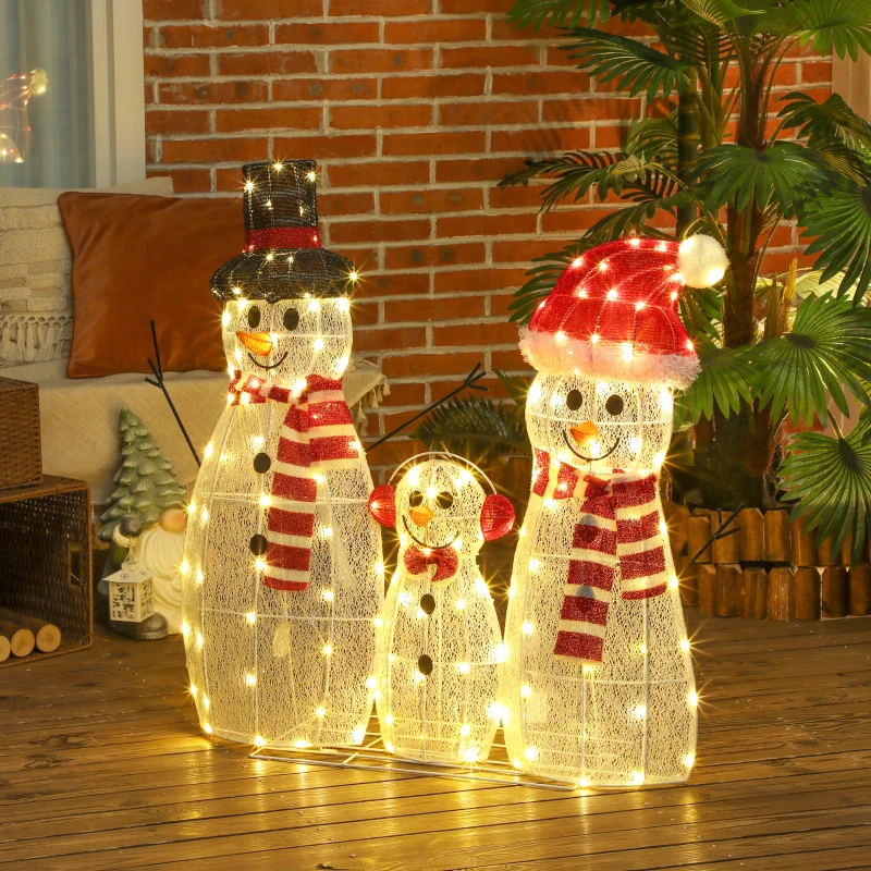 Outsunny 3-Piece Light Up Christmas Snowman Family Set of 3 Lighted Snowman Christmas Decoration for Indoor Outdoor White