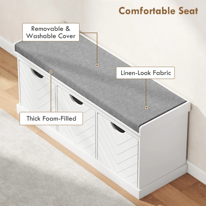 HOMCOM Shoe Storage Bench, Linen-Look Entryway Bench with 3 Removable Drawers and Padded Seat Cushion for Hallway, White