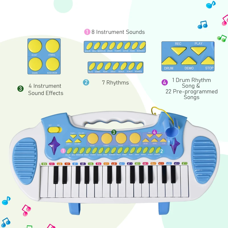 Qaba 31-Key Kids Toy Keyboard Piano, Electronic Musical Instrument with Multiple Sounds, Stool, Microphone and Bright Flashing Lights, Blue