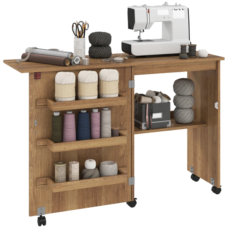 HOMCOM Sewing Machine Cabinet, Folding Sewing Table with Storage Shelf, Bins and Lockable Wheels for Small Space, Brown