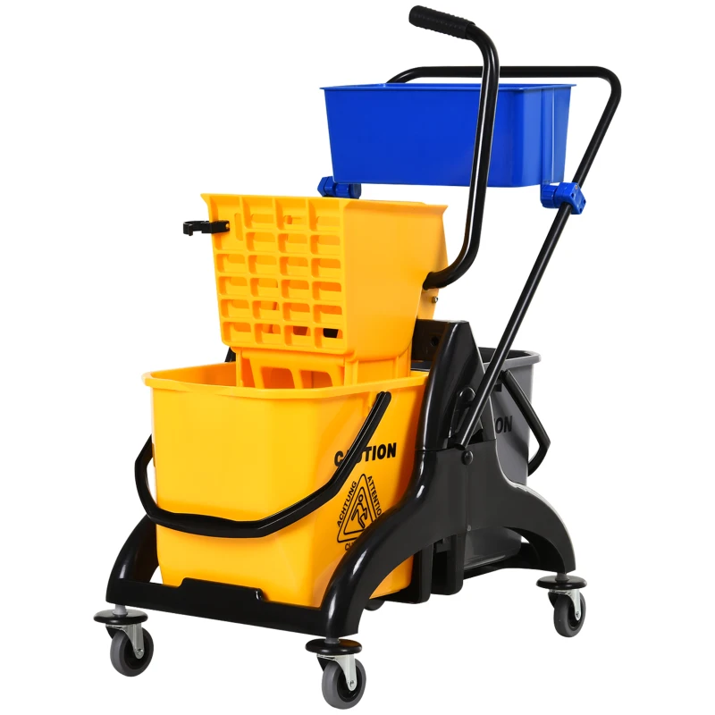 HOMCOM 2 x 6.9 Gallon Mop Water Bucket Wringer Cart with Easy to Use Side Press Wringer, Smooth Wheels, Mop-Handle Holder