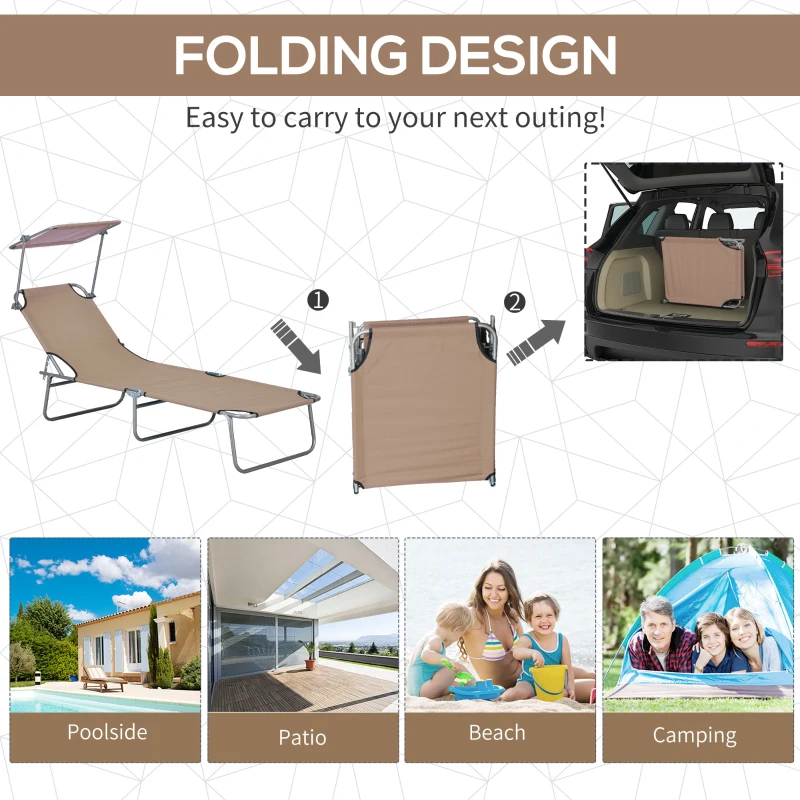 Outsunny Outdoor Lounge Chair, Adjustable Folding Chaise Lounge, Tanning Chair with Sun Shade for Beach, Camping, Hiking, Backyard, Brown