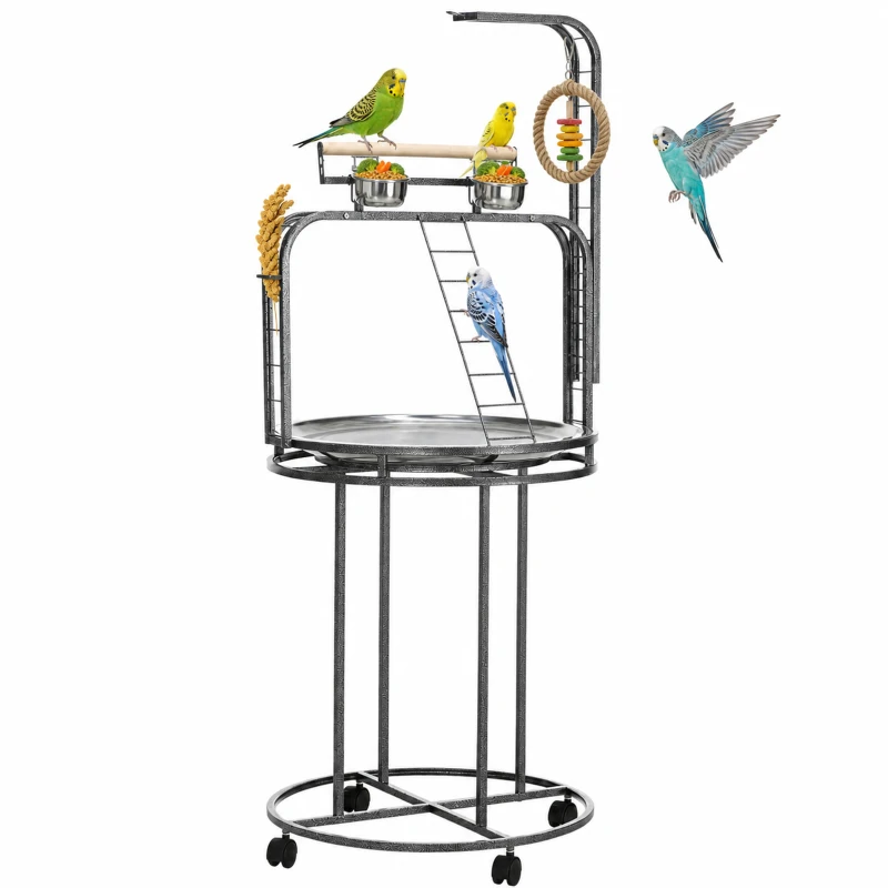 PawHut Parrot Stand Large Bird Perch Stand with Toy Hook & 3 Ladders, Parrot Perch, Bird Wooden Stand, Gray