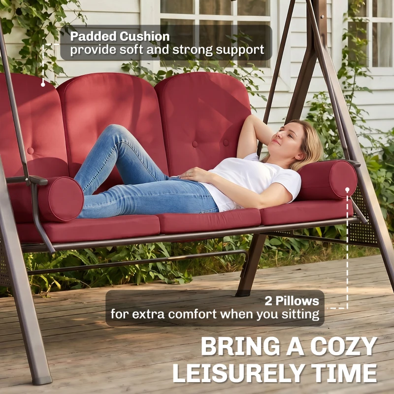 Outsunny Outdoor Patio 3-Person Steel Canopy Cushioned Seat Bench Swing with Included Side Trays & Padded Comfort, Wine Red