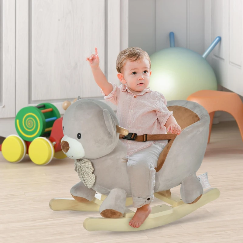 Qaba Bear-Shaped Kids Rocking Horse with Sound for 18-36 Months, Gray