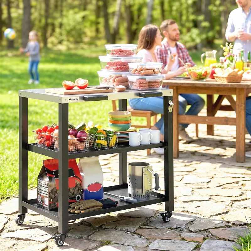 Outsunny Outdoor Grill Cart with Stainless Steel Tabletop, 2 Shelves, Rolling Prep Dining Cart with Lockable Wheels