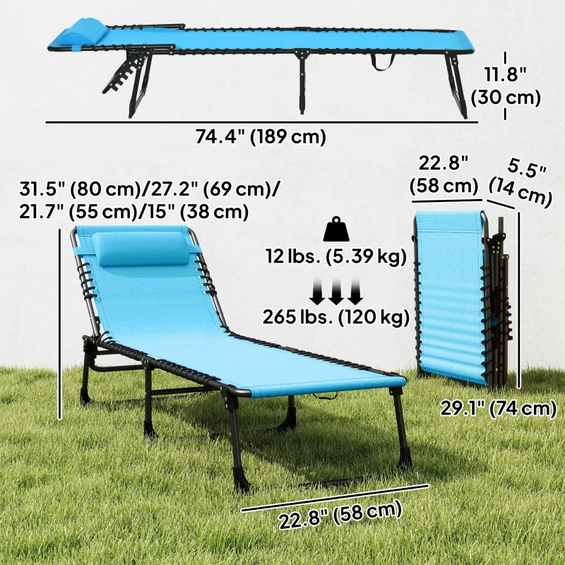 Outsunny Outdoor Folding Lounge Chair, 4-Level Adjustable Chaise Lounge with Headrest, Tanning Chair Beach Bed, Reclining Lounger Cot for Camping, Hiking, Backyard, Sky Blue