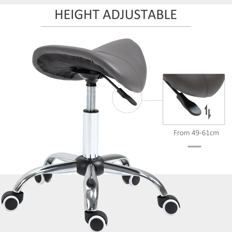 HOMCOM Ergonomic Rolling Saddle Stool PU Leather Hydraulic Spa Stool Height Adjustable Swivel Drafting Salon Chair, Gray