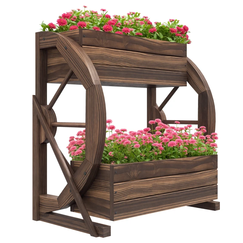 Outsunny Wooden Wagon Planter Box, 2-Tier Raised Garden Bed, for Vegetables Flowers Herbs, 22" x 13" x 22"