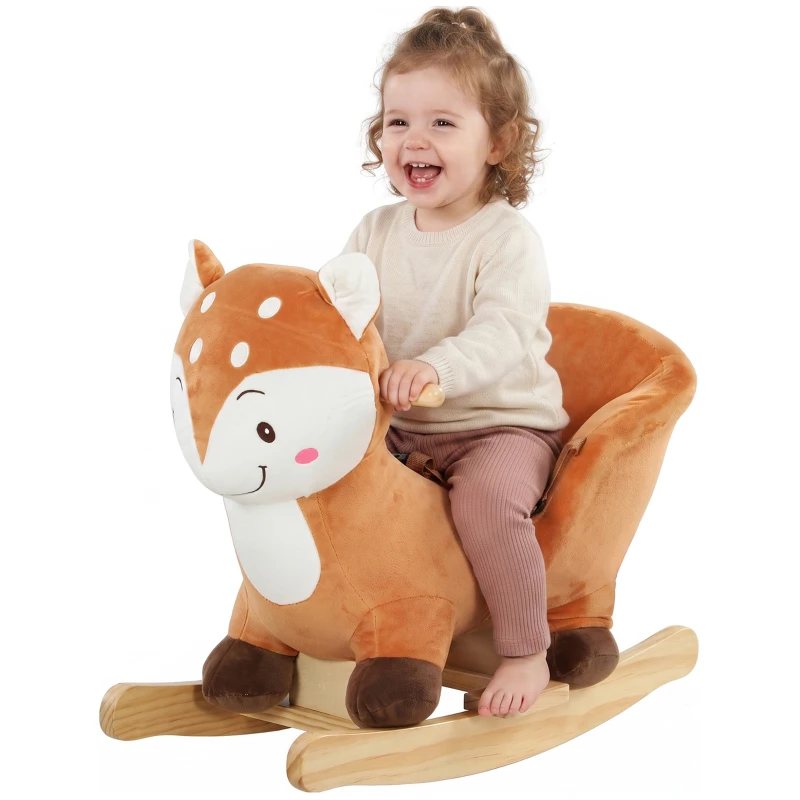 Qaba Deer Rocking Horse for Toddlers 1-3 Years, Baby Rocking Horse with Seat Belt, Sounds, Wooden Rocker, Brown