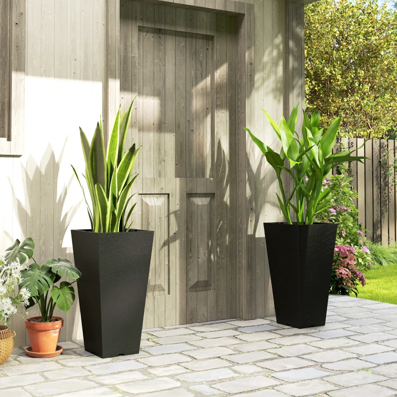 Outsunny 23" Tall Planters Set of 2, Indoor Outdoor Stackable Taper Planters with Marble Finish and Drainage Holes, Black