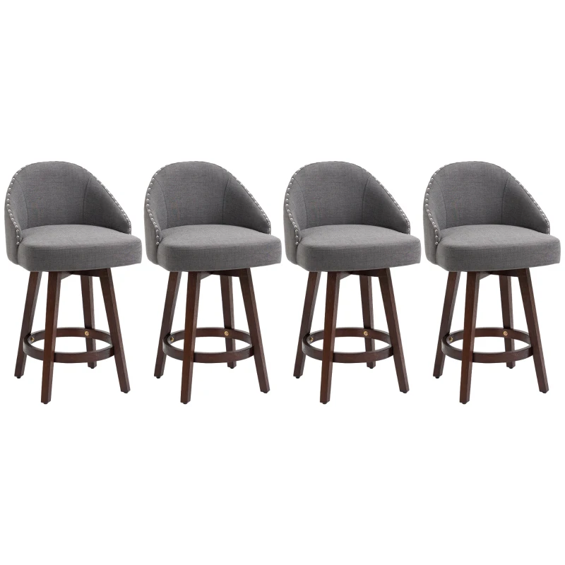 HOMCOM 26" Counter Height Bar Stools, Linen Fabric Kitchen Stools with Nailhead Trim, Rubber Wood Legs and Footrest for Dining Room, Counter, Pub, Set of 4, Dark Gray