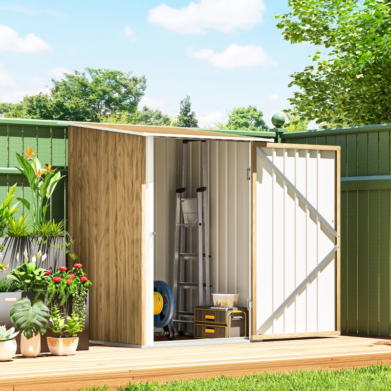 Outsunny 3.3' x 3.4' Lean-to Garden Storage Shed, Outdoor Galvanized Steel Tool House with Lockable Door for Patio Light Brown