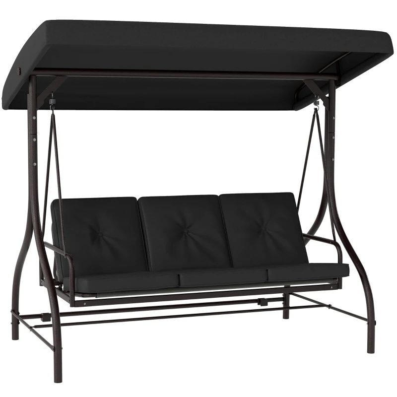 Outsunny Convertible Patio Swing Bed with Canopy and Cushions, 3 Seater Porch Swing for Outdoor, Backyard, Garden, Black