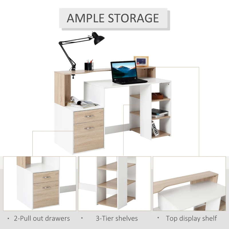 HOMCOM 54 Inches Computer Desk with Storage Shelves, Drawers and Printer Shelf, Writing Table for Home Office and Study, Oak