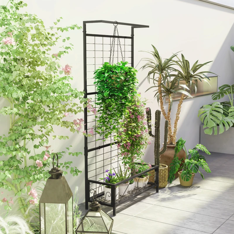 Outsunny Metal Tall Plant Stand with Trellis and Hanging Bar, Plant Holder for Indoor Outdoor Use, 35" x 12.8" x 74", Black