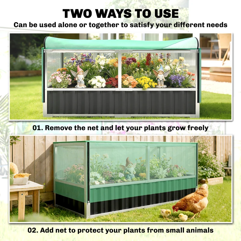 Outsunny Raised Garden Bed, 5.7 x 3 x 2.3ft Steel Planter Box Outdoor with Cover, Gloves, Dark Grey