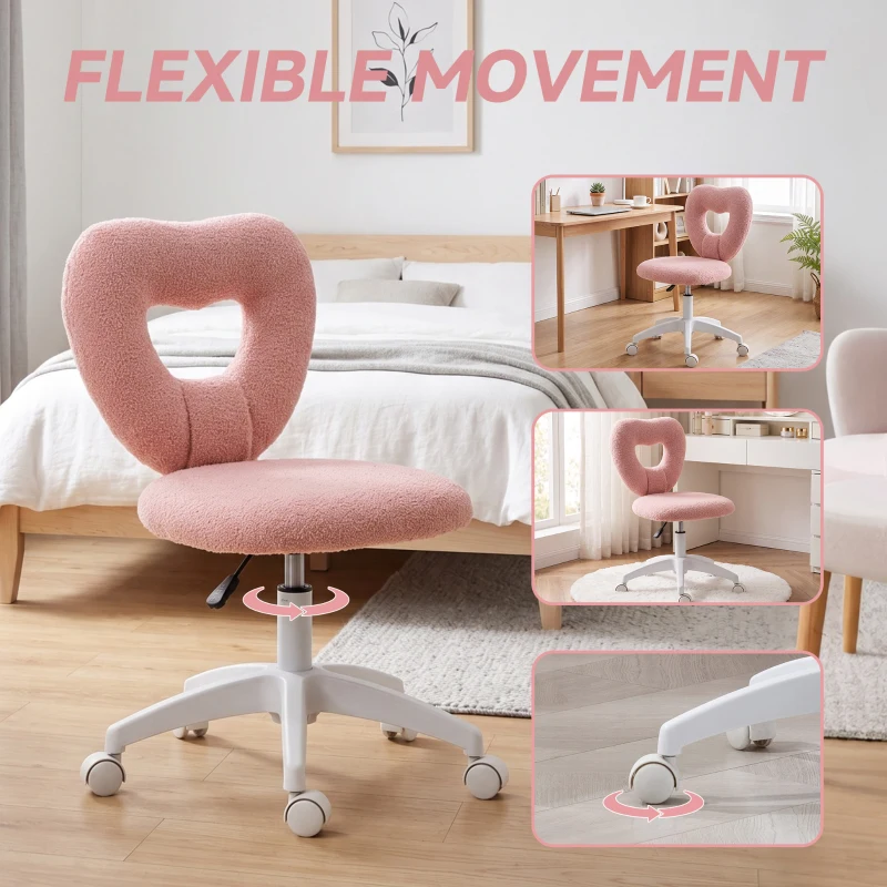 HOMCOM Armless Computer Desk Chair, Office Task Chair, Teddy Fleece Heart Makeup Vanity Chair with Swivel Wheels, Pink