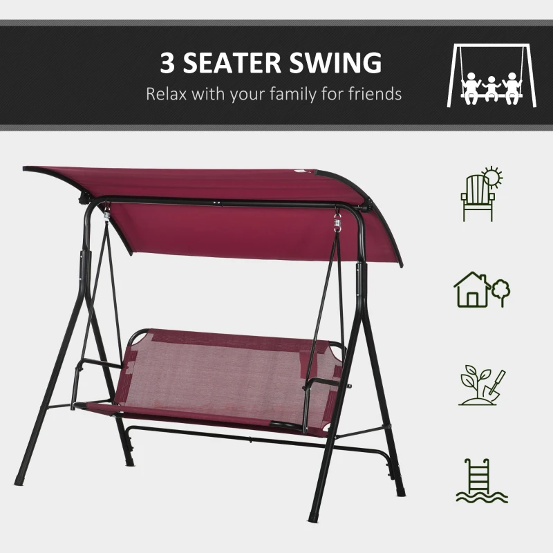Outsunny 3-Seater Outdoor Porch Swing with Adjustable Canopy, Patio Swing Chair for Garden, Poolside, Backyard, Wine Red