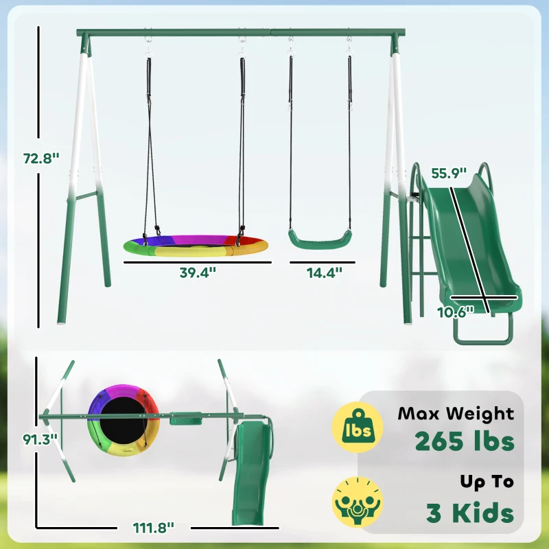 Qaba Metal Swing Set with Slide, Saucer Swing Seat, Heavy Duty A-Frame Stand and Adjustable Rope for Backyard, Dark Green