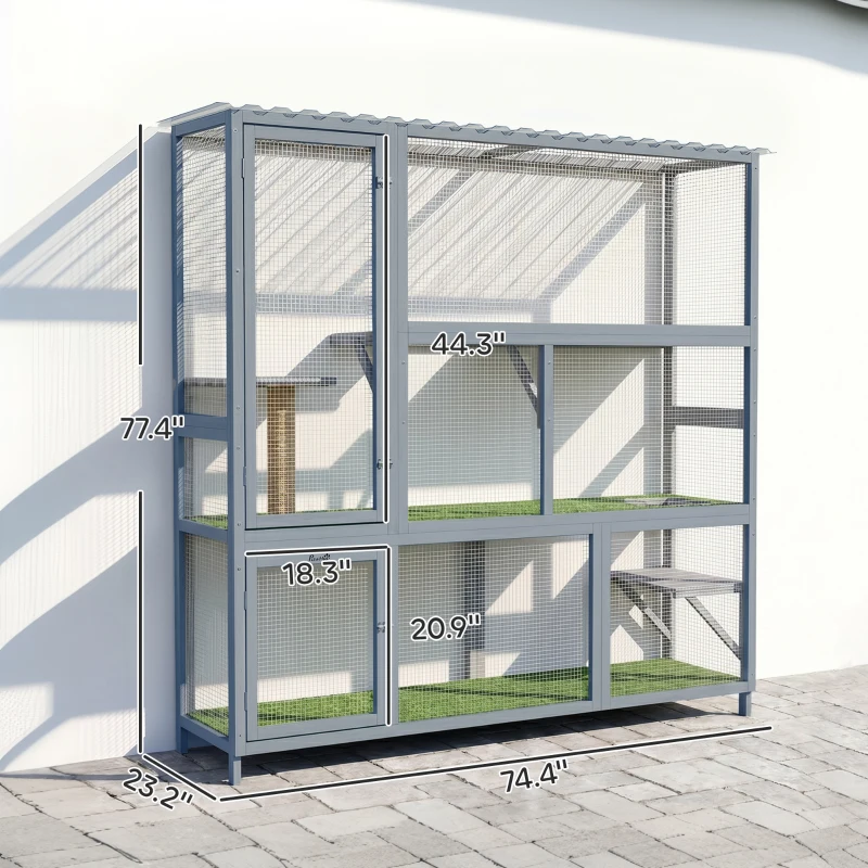 PawHut Catio Outdoor Cat Enclosure, 77" H Wooden Cat House with Weatherproof Roof, Platforms and Scratching Post