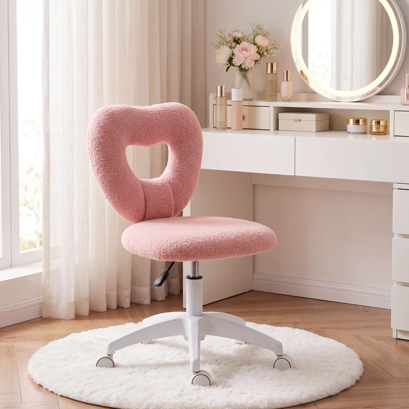 HOMCOM Armless Computer Desk Chair, Office Task Chair, Teddy Fleece Heart Makeup Vanity Chair with Swivel Wheels, Pink
