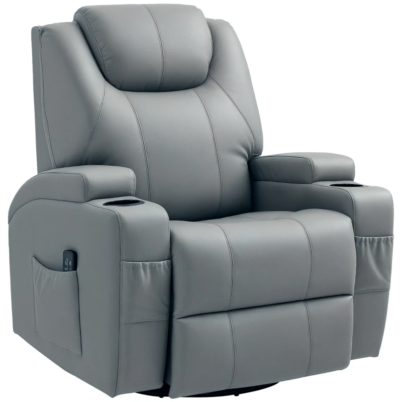 HOMCOM Massage Recliner Chair Leather Swivel Rocker Manual Reclining Chair with 8 Vibration Points, Cup Holders, Light Grey