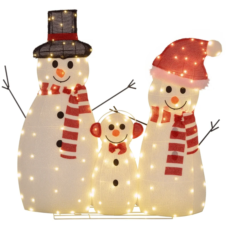 Outsunny 3-Piece Light Up Christmas Snowman Family Set of 3 Lighted Snowman Christmas Decoration for Indoor Outdoor White