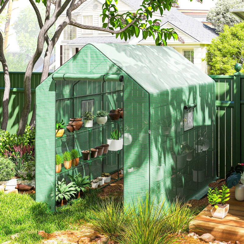 Outsunny Walk-in Greenhouse with 3 Tier, Garden Plant Growhouse with Roll-up Door and Mesh Windows, 140 x 213 x 190 cm, Green