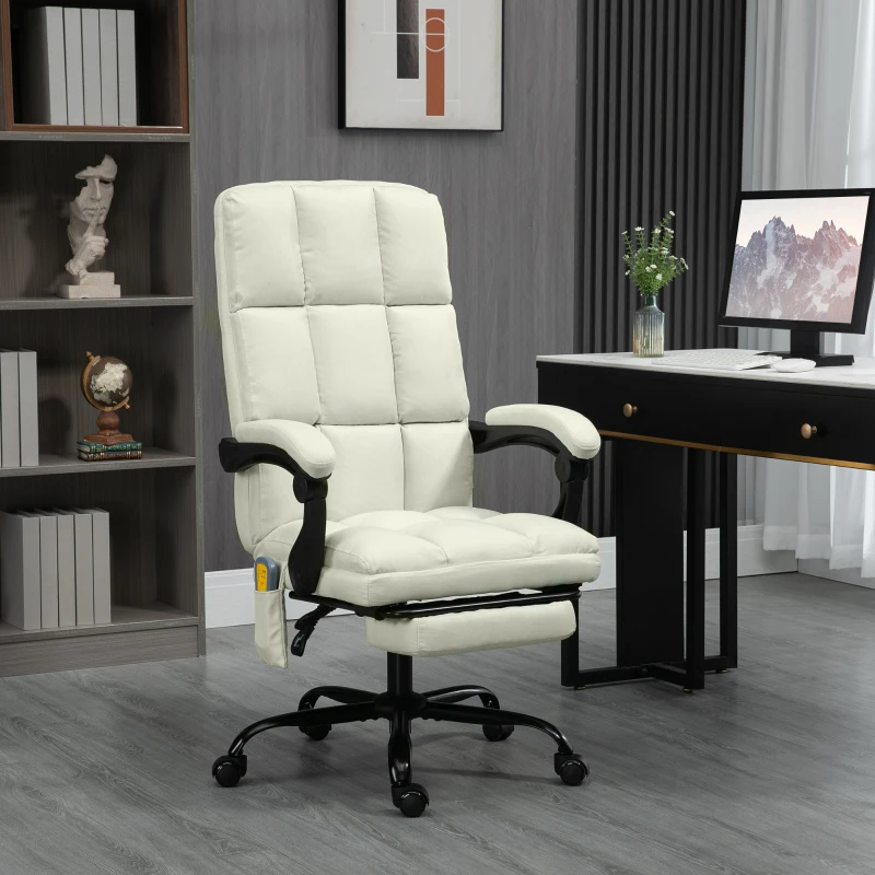 Vinsetto Massage Office Chair with 4 Vibration Points, Reclining Computer Chair with USB Port and Footrest - Cream White