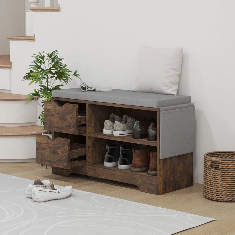 HOMCOM Upholstered Shoe Storage Bench w/ Seat, Entrance Bench w/ Drawer Open Shelves and Pocket for Hallway, Rustic Brown