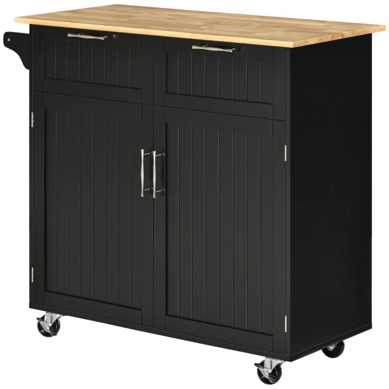 HOMCOM 41" Modern Rolling Kitchen Island on Wheels, Utility Cart Storage Trolley with Rubberwood Top & Drawers, Black
