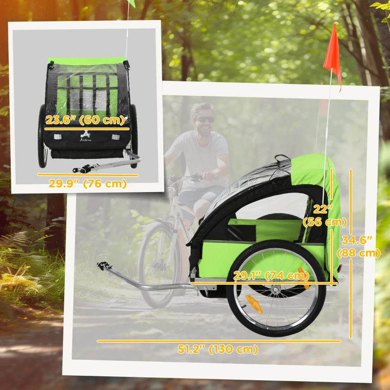 Aosom 2-Seat Child Bike Trailer for Kids with a Strong Steel Frame, 5-Point Safety Harnesses, & Comfortable Seat, Green