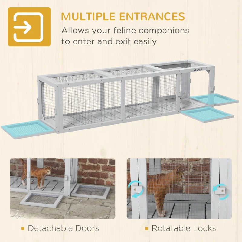 PawHut Outdoor Cat Tunnel with Extendable Design, 59" L Wooden Cat Run with Weather Protection, Connecting Inside and Outside, for Deck Patios, Balconies, Light Gray