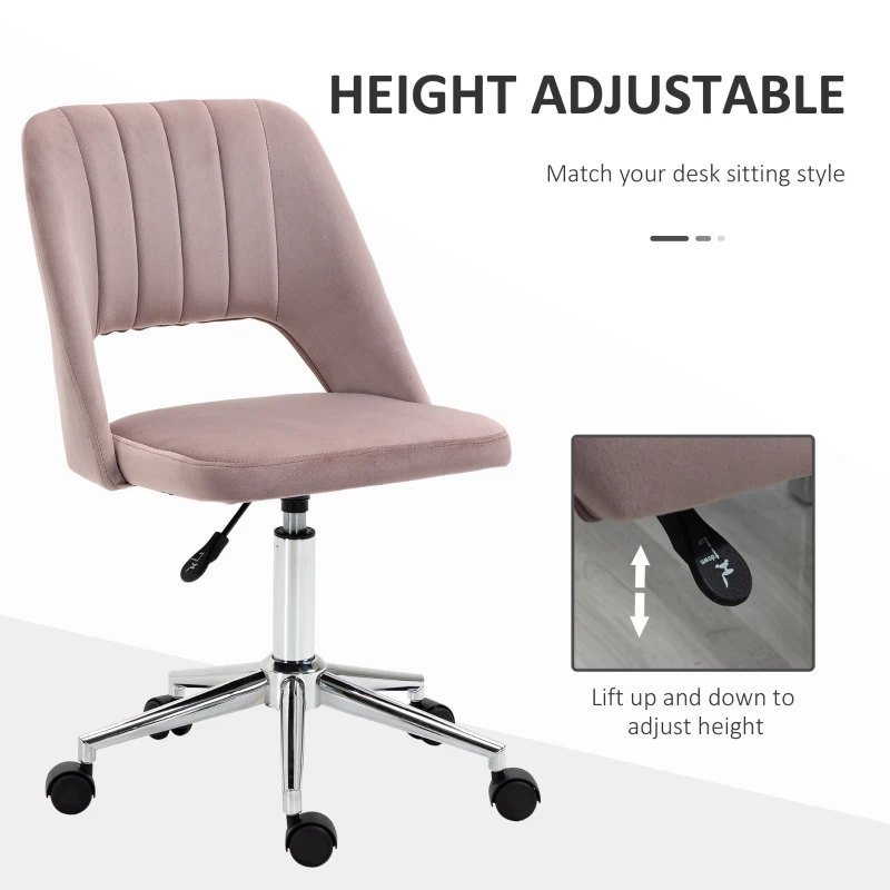 Vinsetto Modern Mid Back Office Chair with Velvet Fabric, Swivel Computer Armless Desk Chair with Hollow Back Design for Home Office, Pink