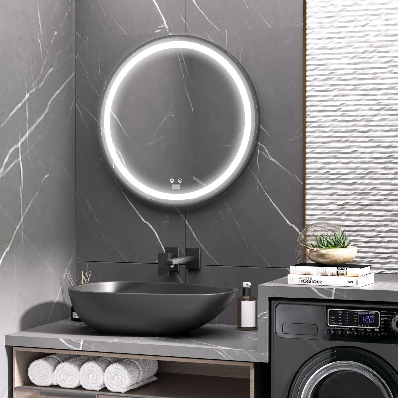 kleankin 28-Inch Lighted Bathroom Mirror for Wall, Dimmable LED Mirror with Memory Function, Round Mirror for Wall Decor