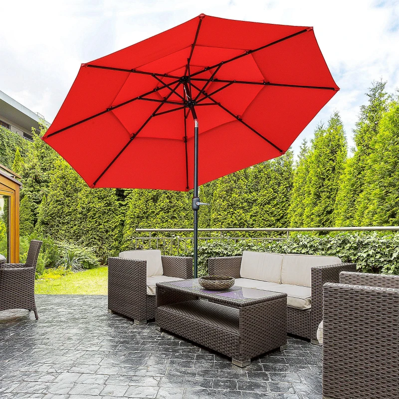 Outsunny 9FT 3 Tiers Patio Umbrella Outdoor Market Umbrella with Crank, Push Button Tilt for Deck, Backyard and Lawn, Red