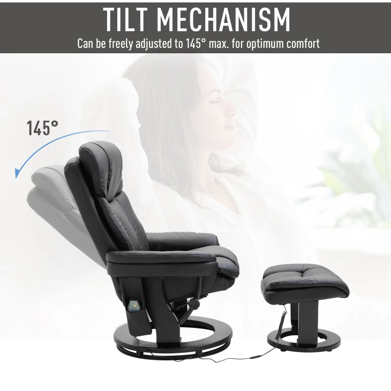 HOMCOM PU Leather Massage Sofa Recliner Chair with Ottoman Heated 10 Point Vibration Swiveling Armchair, Black
