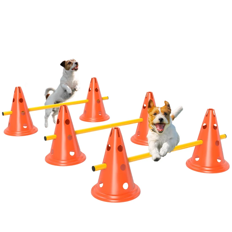 PawHut Dog Agility Hurdle Cone Set, Adjustable Obstacle Course Equipment with 6 Cones & 6 Poles, Carry Bag, Orange