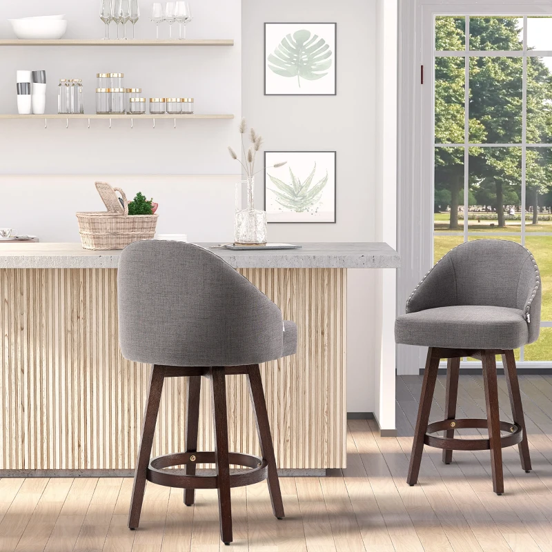 HOMCOM 26" Counter Height Bar Stools, Linen Fabric Kitchen Stools with Nailhead Trim, Rubber Wood Legs and Footrest for Dining Room, Counter, Pub, Set of 4, Dark Gray