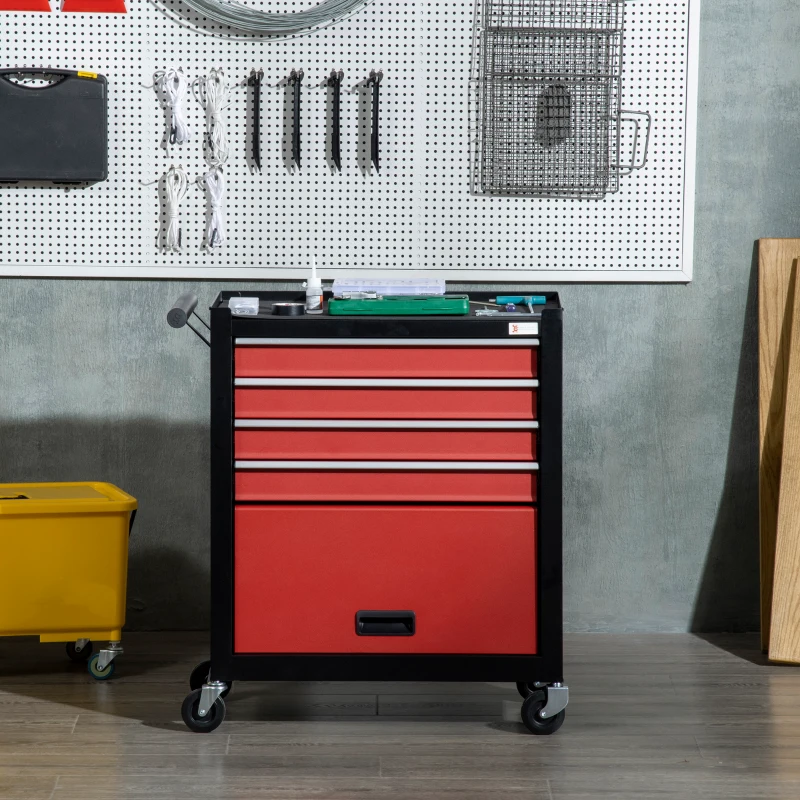 DURHAND 4-Drawer Tool Chest with 4 Wheels, Rolling Tool Box and Storage Cabinet, Portable Tool Organizer for Garage, Red