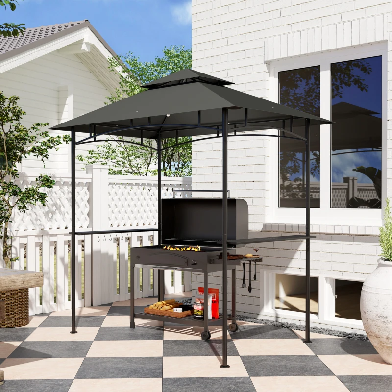 Outsunny 8' x 5' Outdoor Grill Gazebo, Double Tiered Barbecue Grill Gazebo Shelter with 2 Side Shelves, Hooks, Dark Grey