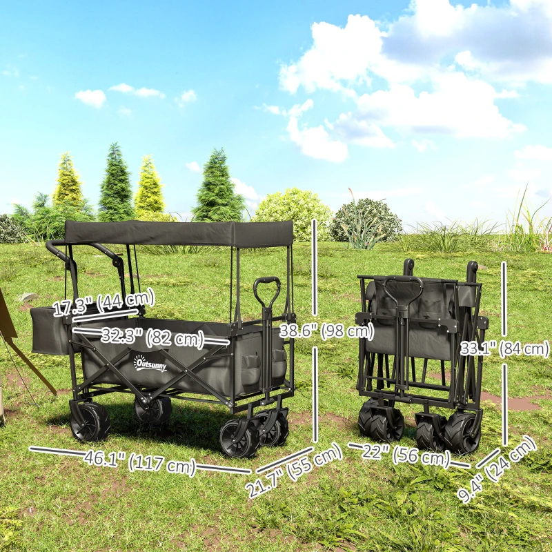 Outsunny 80L Folding Wagon Cart with Wheels, Heavy-Duty Collapsible Wagon with Removable Canopy, Adjustable Handle, Black
