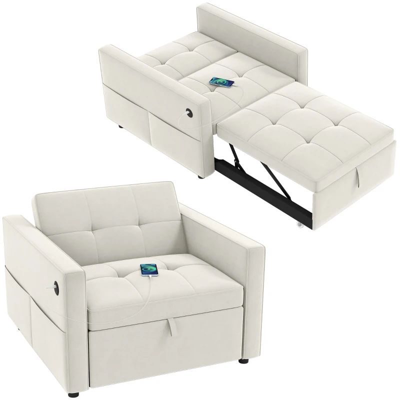 HOMCOM Convertible Chair Bed, Pull Out Sleeper Chair with USB, Adjustable Backrest, Small Velvet Futon Sofa Bed, Cream White